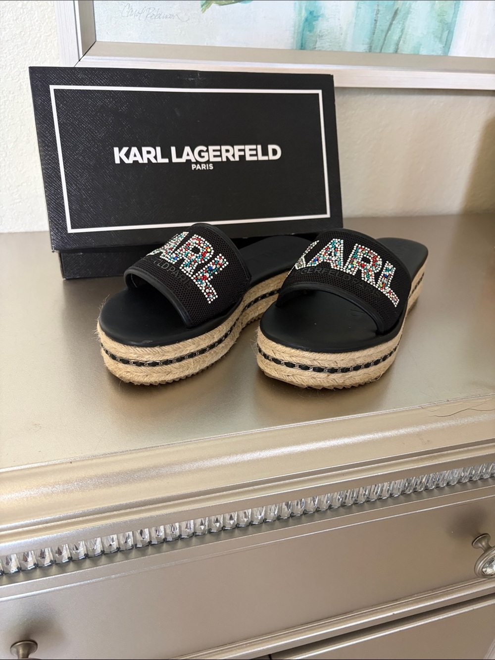 Karl Lagerfeld Black Slide Sandal with Multicolor Crystal Logo